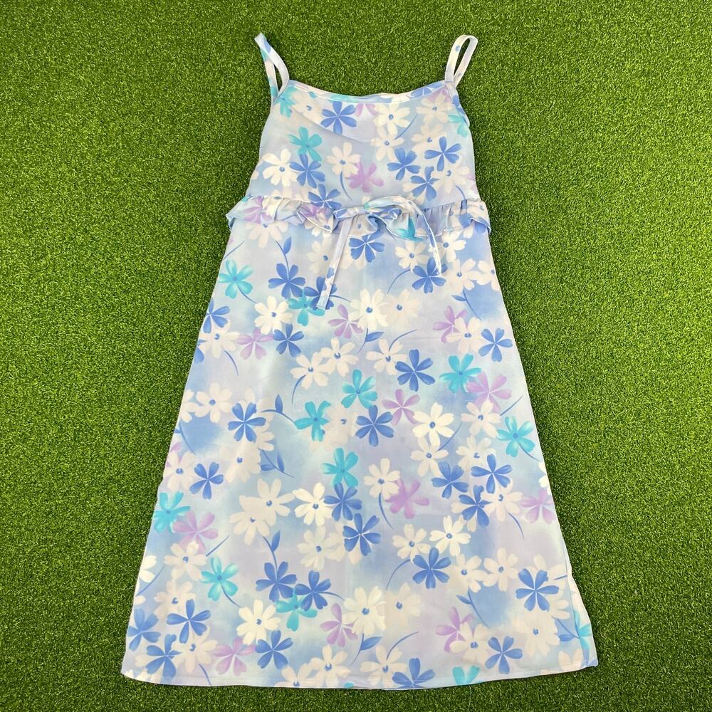 Vintage Girls Purple Floral Square Neck Spaghetti Strap Ruffle Bow Dress Sz 7/8